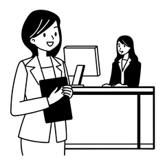 Happy young Asian saleswoman looking at camera welcoming client. Smiling woman executive manager, secretary offering professional business services holding digital tablet standing in office. Portrait