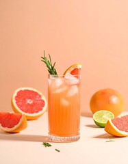 Refreshing grapefruit cocktail in a textured glass with rosemary, lime, and grapefruit slice, set against a soft peach background with scattered citrus fruits.