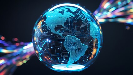 A glowing blue globe with circuit patterns and light streaks on a dark background illustration