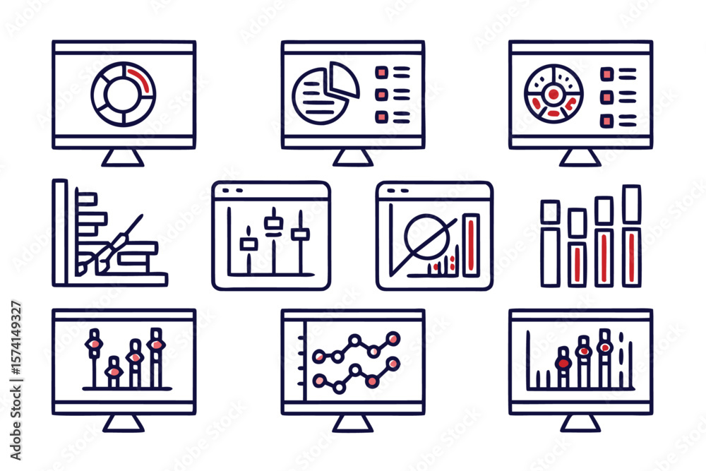 Poster comprehensive data analysis and business intelligence icon collection featuring customizable stroke 