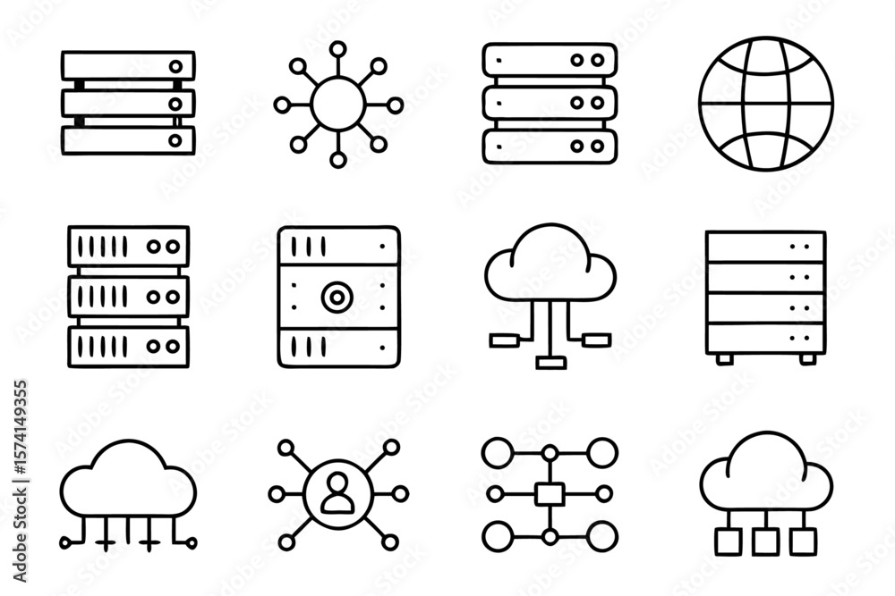 Poster comprehensive collection of modern data center symbols and elements featuring server racks network c