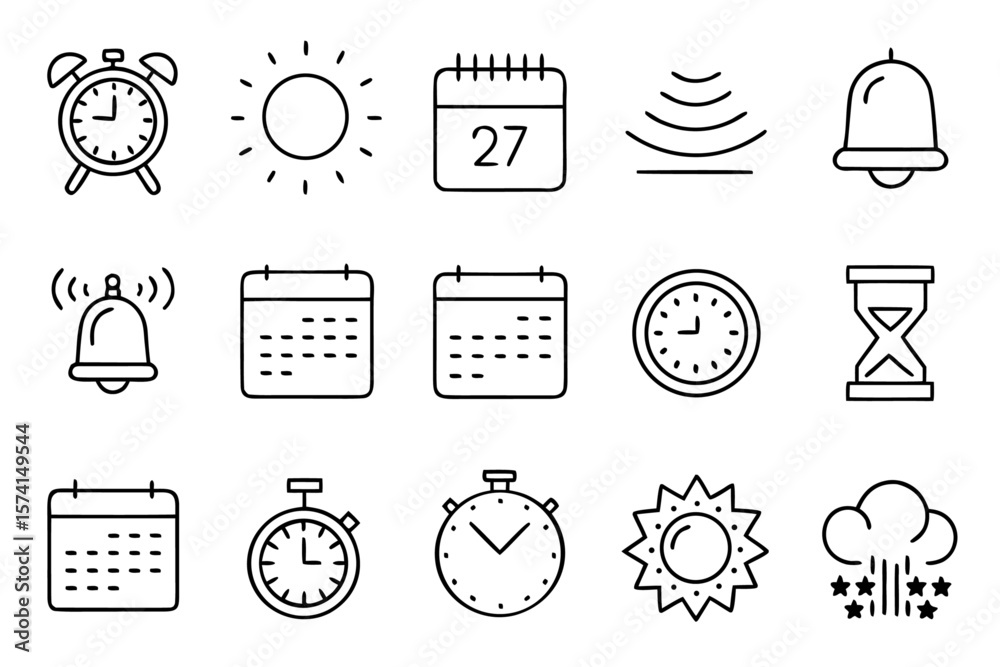 Poster comprehensive collection of temporal and scheduling symbols featuring alarm alerts calendar views cl