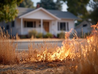 Dry grass burning near a blurred residential house, posing a fire hazard.