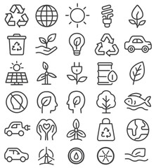 Ecology Line Icons Pack – Minimalist Environmental, Green Energy, Recycling, Nature Conservation & Eco-Friendly Symbols