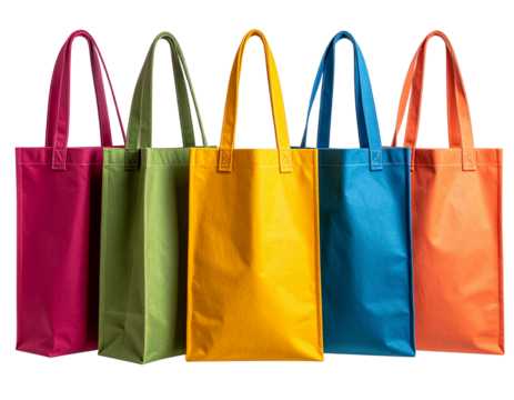 Colorful Fabric Tote Bags Aligned Closely in a Row, Transparent PNG - Powered by Adobe