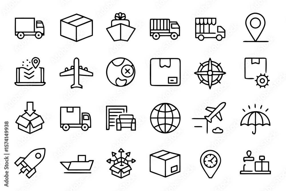 Poster comprehensive collection of thin line graphical elements representing shipping logistics and parcel 
