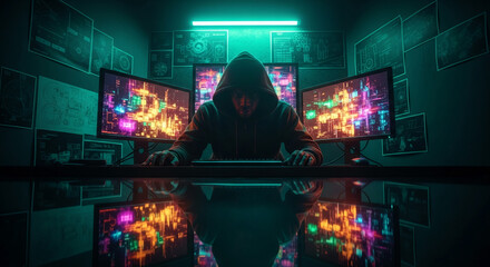 Hooded figure working at desk with multiple monitors displaying colorful data streams, symbolizing hacking, cyber security, or digital world concept