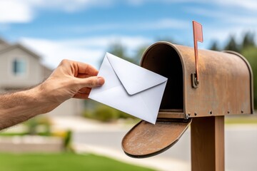Hand inserting white envelope into open mailbox, outside a home on a sunny day, with green grass and blue skies.