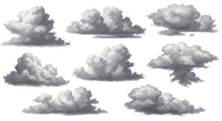 HandPainted Cloud Collection Dramatic Gray Cumulus Clouds on White Background.