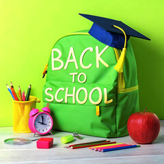 Welcome Back to school horizontal banner, doodle on checkered paper background, back to school chalk on blackboard  books and school stuff on blue background 3D Rendering, 3D Illustration