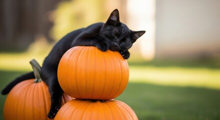 Black Cat Sleeping on Pumpkin Stack