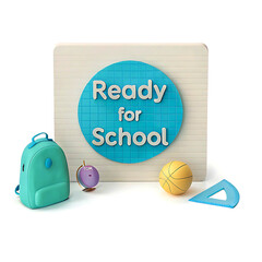 Welcome Back to school horizontal banner, doodle on checkered paper background, back to school chalk on blackboard  books and school stuff on blue background 3D Rendering, 3D Illustration