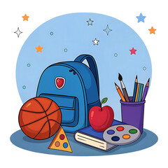 Welcome Back to school horizontal banner, doodle on checkered paper background, back to school chalk on blackboard  books and school stuff on blue background 3D Rendering, 3D Illustration