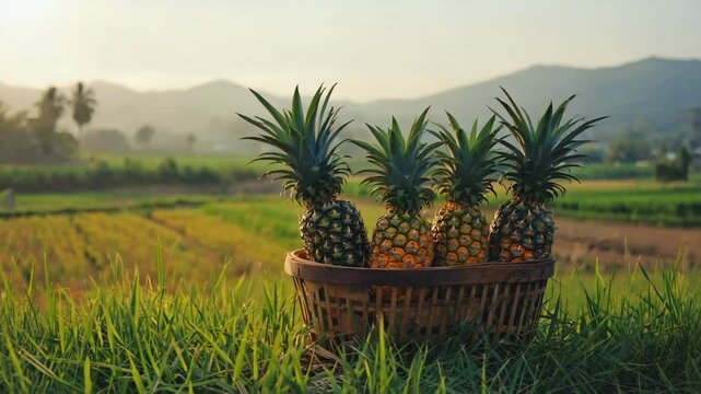 Fresh pineapples in a basket placed on grassy farmland with mountain views. Perfect for themes like tropical agriculture, summer harvest, organic food, healthy lifestyle, vitamins,