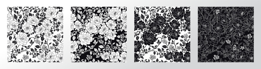 Elegant set of seamless floral patterns in black and white variations. Ideal for textile design, packaging, wallpapers, wrapping paper, fabric prints, gift wrap, surface patterns, digital paper.