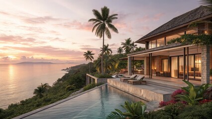 Luxury beachfront villa on exotic island with infinity pool, palm trees, and tropical plants. Pink-orange sunset sky, serene paradise for perfect holiday escape.