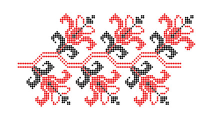 Traditional floral repeated red and black ornament in beaded style, pattern from Dnipro region of Ukraine