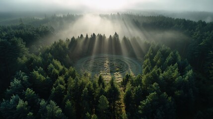 Sunlight streams through a misty forest, illuminating a clearing in a beautiful landscape.