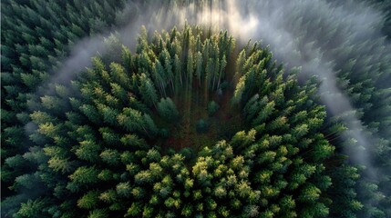 Stunning aerial view of a lush green forest with sun rays shining through the mist.