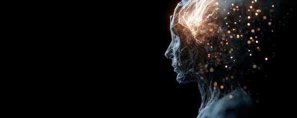 Intricate digital art piece depicting a human mind with neural connections and glowing lights on a black backdrop.