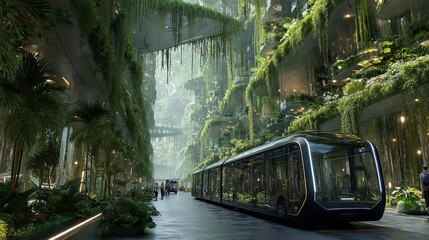 A futuristic, green city showcases a monorail amid lush vertical gardens and eco-friendly architecture.