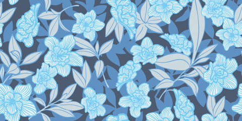 Blue elegant floral seamless pattern with hand-drawn  linear flowers and leaves on dark background. Perfect for textile prints, wallpapers, packaging, or digital backgrounds