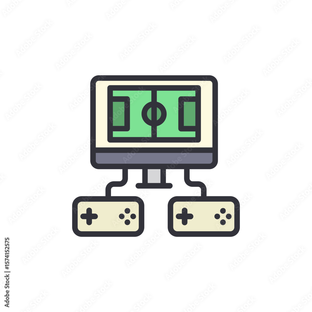 Poster digital soccer game on monitor with two gamepad controllers