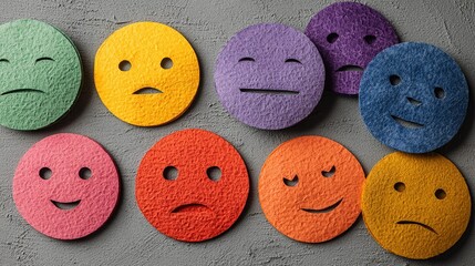 A collection of colorful felt circles represent various human emotions on a gray background.
