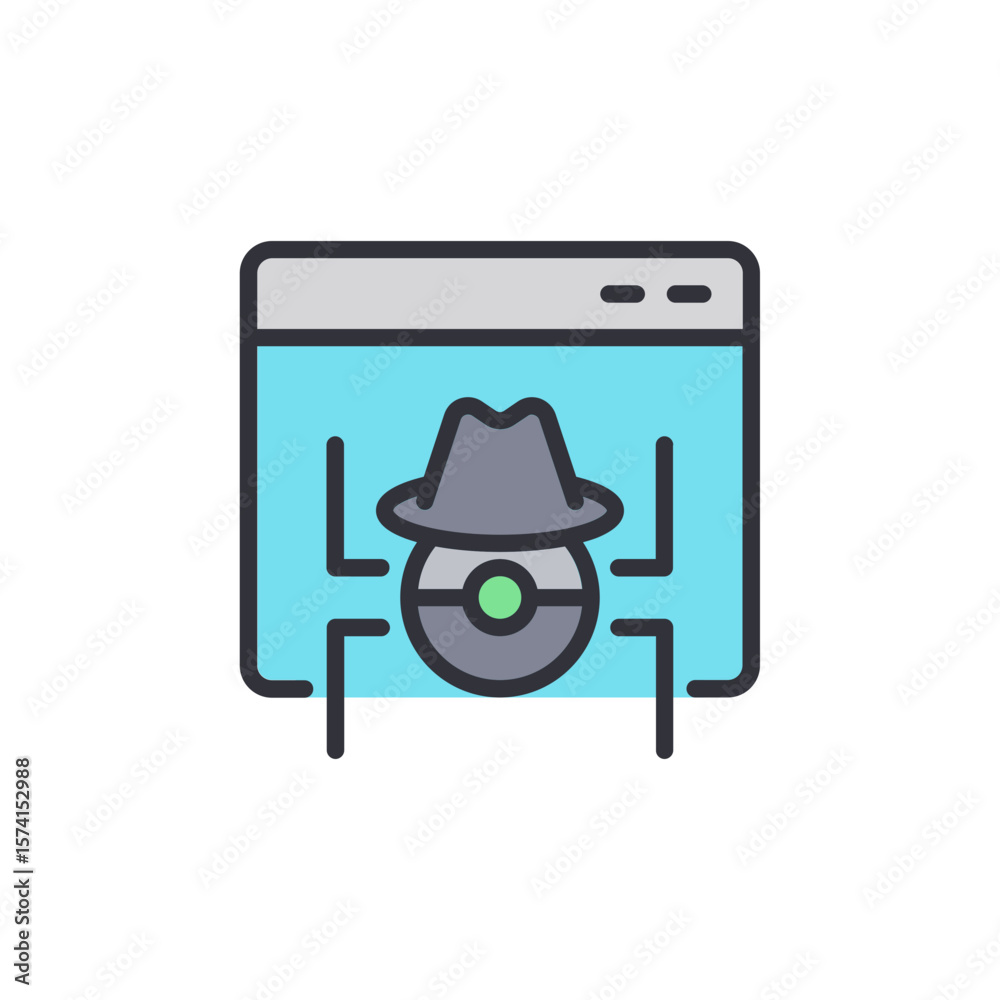 Poster cybersecurity concept with spyware character inside a browser window