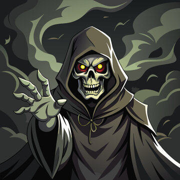 Grim reaper reaching out with glowing eyes skeleton