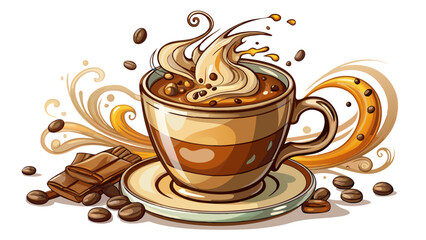 Obraz premium Steam rises gently from a rich cappuccino in a transparent glass mug, decorated with artistic milk swirls and scattered chocolate flakes, all showcased against a clean white background.