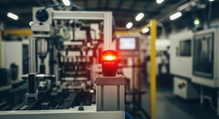 Red error light blinking on automated production line in modern factory, indicating a problem or malfunction requiring immediate attention from technicians