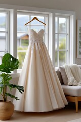 Elegant white wedding dress hanging by sunny window