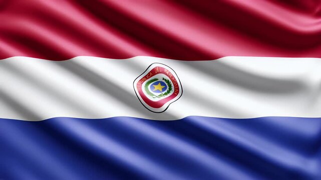 4K footage of the Paraguayan flag waving gently. Features red, white, blue stripes with the national emblem, symbolizing national identity and independence.