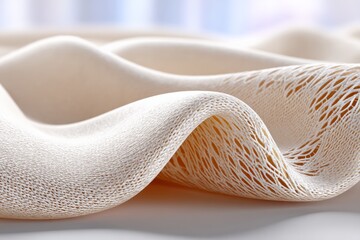 Close-up of intricate white textile fabric with wavy pattern and lace texture