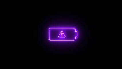 A battery charging error icon on black background. A battery charging error icon made of glowing neon.