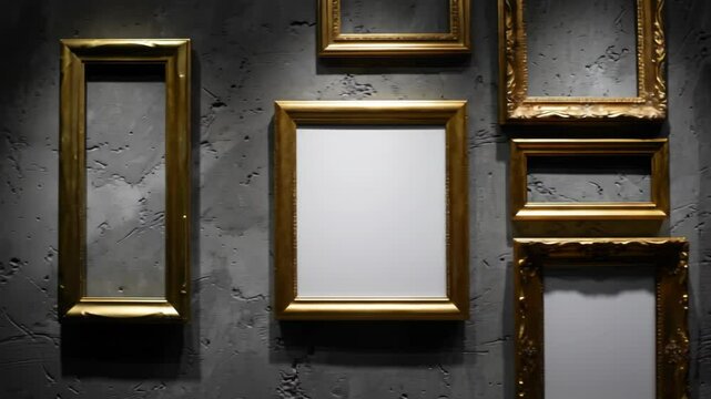 Ornate gold frames on textured dark gray wall, gallery display