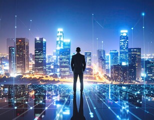 Business leader overlooking modern city at night