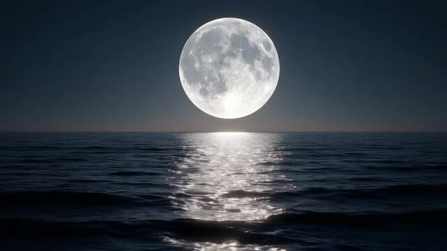 Full Moon Rising Over Ocean Horizon with Reflection on Water Surface
