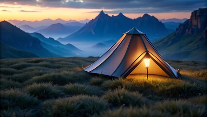 Serene Mountain Camping: Illuminated Tent at Sunset 3D icon high quality resolution