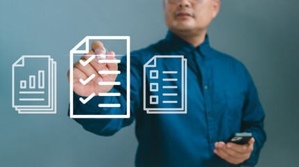 Concept Management Digital Document and Paperless Office Workflow. Manager using Stylus pen sign Online Business Contract,Electronic signature,Document checklist, Questionnaire with checkboxes Survey