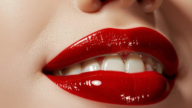 Close-up sexy of glossy red lips and woman with a smile, dental wellness and cosmetics , teeth whitening and veneers with confidence  