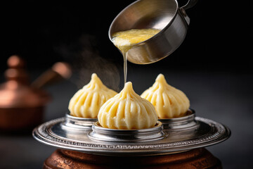 Delicious modak with pouring clarified butter on lord ganesha festival