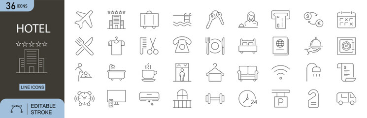 Hotel Editable Line Icons Set. Includes icons for room service, swimming pool, luggage, bed, gym, parking, and Wi-Fi.  Perfect for  travel, and hotel booking related infographic use. Editable stroke.