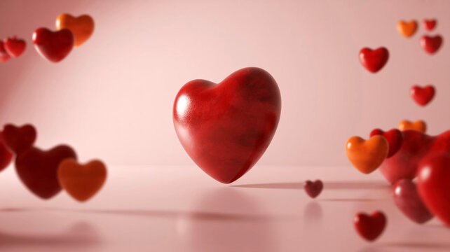 A single red heart floats amidst a scattering of smaller hearts