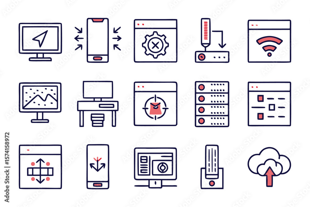 Poster comprehensive collection of modern line style symbols representing various aspects of information te
