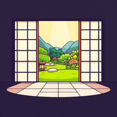 Open sliding door, serene garden, green landscape, mountain, sunlight, peaceful, nature