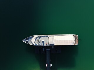 Top View of a Ship Moored at the Dock — Aerial Perspective of Waterfront Scene