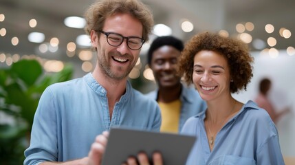 Smiling group of professionals collaborating indoors on digital tablet