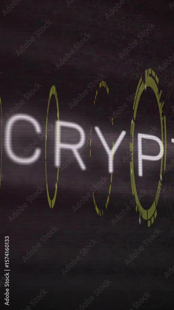 Poster animation of encryption text over digital data processing on black background